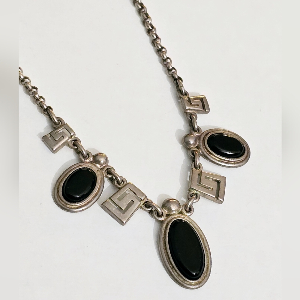 Vintage sterling Silver Onyx Egyptian revival Necklace Greek key